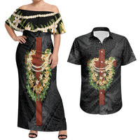 Hawaii Ka Pule a ka Haku Memorial Couples Matching Off Shoulder Maxi Dress and Hawaiian Shirt Flower Lei Cross - Black