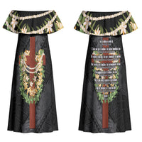 Hawaii Ka Pule a ka Haku Memorial Couples Matching Off Shoulder Maxi Dress and Hawaiian Shirt Flower Lei Cross - Black