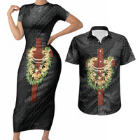 Hawaii Ka Pule a ka Haku Memorial Couples Matching Short Sleeve Bodycon Dress and Hawaiian Shirt Flower Lei Cross - Black