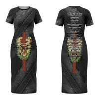 Hawaii Ka Pule a ka Haku Memorial Couples Matching Short Sleeve Bodycon Dress and Hawaiian Shirt Flower Lei Cross - Black