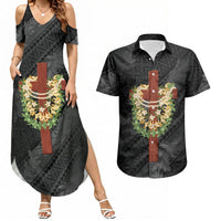 Hawaii Ka Pule a ka Haku Memorial Couples Matching Summer Maxi Dress and Hawaiian Shirt Flower Lei Cross - Black