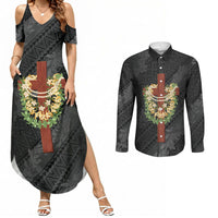 Hawaii Ka Pule a ka Haku Memorial Couples Matching Summer Maxi Dress and Long Sleeve Button Shirt Flower Lei Cross - Black