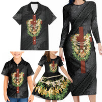 Hawaii Ka Pule a ka Haku Memorial Family Matching Long Sleeve Bodycon Dress and Hawaiian Shirt Flower Lei Cross - Black