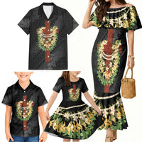 Hawaii Ka Pule a ka Haku Memorial Family Matching Mermaid Dress and Hawaiian Shirt Flower Lei Cross - Black
