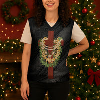 Hawaii Ka Pule a ka Haku Memorial Christmas Knitted V-Neck Vest Flower Lei Cross - Black