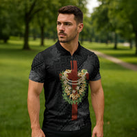 Hawaii Ka Pule a ka Haku Memorial Zipper Polo Shirt Flower Lei Cross - Black