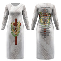Hawaii Ka Pule a ka Haku Memorial Couples Matching Long Sleeve Bodycon Dress and Hawaiian Shirt Flower Lei Cross - Ivory White