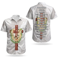Hawaii Ka Pule a ka Haku Memorial Couples Matching Short Sleeve Bodycon Dress and Hawaiian Shirt Flower Lei Cross - Ivory White