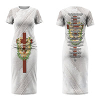 Hawaii Ka Pule a ka Haku Memorial Couples Matching Short Sleeve Bodycon Dress and Hawaiian Shirt Flower Lei Cross - Ivory White