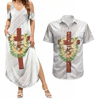 Hawaii Ka Pule a ka Haku Memorial Couples Matching Summer Maxi Dress and Hawaiian Shirt Flower Lei Cross - Ivory White