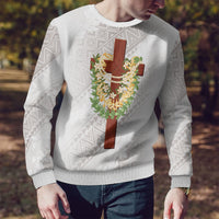 Hawaii Ka Pule a ka Haku Memorial Ugly Christmas Sweater Flower Lei Cross - Ivory White