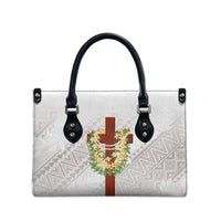 Hawaii Ka Pule a ka Haku Memorial Leather Bag Flower Lei Cross - Ivory White