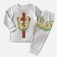 Hawaii Ka Pule a ka Haku Memorial Christmas Pajama Set Flower Lei Cross - Ivory White