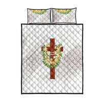 Hawaii Ka Pule a ka Haku Memorial Quilt Bed Set Flower Lei Cross - Ivory White
