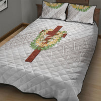 Hawaii Ka Pule a ka Haku Memorial Quilt Bed Set Flower Lei Cross - Ivory White