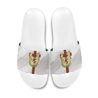 Hawaii Ka Pule a ka Haku Memorial Slide Sandals Flower Lei Cross - Ivory White