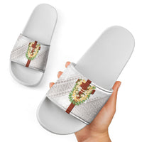 Hawaii Ka Pule a ka Haku Memorial Slide Sandals Flower Lei Cross - Ivory White