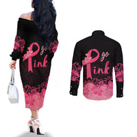 Polynesian Couples Matching Off The Shoulder Long Sleeve Dress and Long Sleeve Button Shirts Plumeria Breast Cancer Awareness Survivor Ribbon Pink LT7 - Polynesian Pride