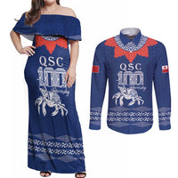 Queen Salote College 100 Years Anniversary Personalized Couples Matching Off Shoulder Maxi Dress and Long Sleeve Button Shirt Tonga QSC Royal Blue - Polynesian Pride