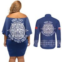 Queen Salote College 100 Years Anniversary Personalized Couples Matching Off Shoulder Short Dress and Long Sleeve Button Shirt Tonga QSC Royal Blue - Polynesian Pride