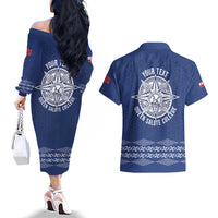 Queen Salote College 100 Years Anniversary Personalized Couples Matching Off The Shoulder Long Sleeve Dress and Hawaiian Shirt Tonga QSC Royal Blue - Polynesian Pride