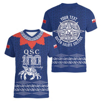 Queen Salote College 100 Years Anniversary Personalized Women V-Neck T-Shirt Tonga QSC Royal Blue - Polynesian Pride