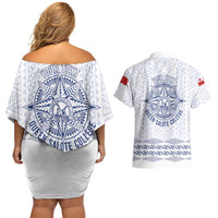 Queen Salote College 100 Years Anniversary Personalized Couples Matching Off Shoulder Short Dress and Hawaiian Shirt Tonga QSC White - Polynesian Pride