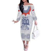 Queen Salote College 100 Years Anniversary Personalized Family Matching Off The Shoulder Long Sleeve Dress and Hawaiian Shirt Tonga QSC White - Polynesian Pride