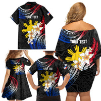 Personalised Philippines Tribal Family Matching Off Shoulder Short Dress and Hawaiian Shirt Mix Plumeria - Flag Colors LT7 - Polynesian Pride