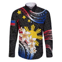 Personalised Philippines Tribal Family Matching Off Shoulder Short Dress and Hawaiian Shirt Mix Plumeria - Flag Colors LT7 Dad's Shirt - Long Sleeve Black - Polynesian Pride