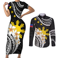 Personalised Philippines Tribal Couples Matching Short Sleeve Bodycon Dress and Long Sleeve Button Shirt Mix Plumeria LT7 Black - Polynesian Pride