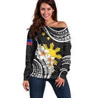 Personalised Philippines Tribal Off Shoulder Sweater Mix Plumeria LT7 Women Black - Polynesian Pride