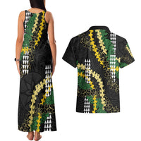 Hawaii Aloha Kakau Couples Matching Tank Maxi Dress and Hawaiian Shirt Puakenikeni and Maile Lei Twist