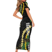 Hawaii Aloha Kakau Family Matching Short Sleeve Bodycon Dress and Hawaiian Shirt Puakenikeni and Maile Lei Twist