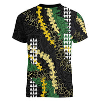 Hawaii Aloha Kakau Women V-Neck T-Shirt Puakenikeni and Maile Lei Twist