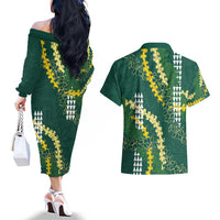 Hawaii Aloha Kakau Couples Matching Off The Shoulder Long Sleeve Dress and Hawaiian Shirt Green Puakenikeni and Maile Lei Twist