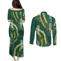 Hawaii Aloha Kakau Couples Matching Puletasi and Long Sleeve Button Shirt Green Puakenikeni and Maile Lei Twist