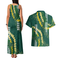 Hawaii Aloha Kakau Couples Matching Tank Maxi Dress and Hawaiian Shirt Green Puakenikeni and Maile Lei Twist