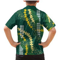 Hawaii Aloha Kakau Family Matching Mermaid Dress and Hawaiian Shirt Green Puakenikeni and Maile Lei Twist