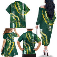 Hawaii Aloha Kakau Family Matching Off The Shoulder Long Sleeve Dress and Hawaiian Shirt Green Puakenikeni and Maile Lei Twist