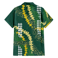 Hawaii Aloha Kakau Family Matching Off The Shoulder Long Sleeve Dress and Hawaiian Shirt Green Puakenikeni and Maile Lei Twist
