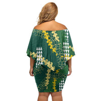 Hawaii Aloha Kakau Off Shoulder Short Dress Green Puakenikeni and Maile Lei Twist