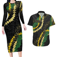 Hawaii Puakenikeni - Maile Lei Couples Matching Long Sleeve Bodycon Dress and Hawaiian Shirt Obsidian Black