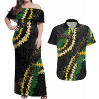 Hawaii Puakenikeni - Maile Lei Couples Matching Off Shoulder Maxi Dress and Hawaiian Shirt Obsidian Black