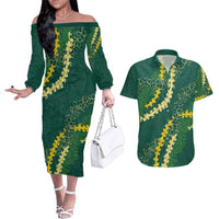 Hawaii Puakenikeni - Maile Lei Couples Matching Off The Shoulder Long Sleeve Dress and Hawaiian Shirt Sage Green