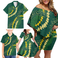 Hawaii Puakenikeni - Maile Lei Family Matching Off Shoulder Short Dress and Hawaiian Shirt Sage Green