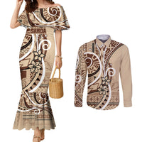 Samoa Siapo Classic Motif Couples Matching Mermaid Dress and Long Sleeve Button Shirt Manuia le tutoatasi o Samoa Independence LT7 Beige - Polynesian Pride