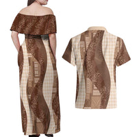 Polynesian Tribal Pattern Patchwork Picturesque Couples Matching Off Shoulder Maxi Dress and Hawaiian Shirt Mocha