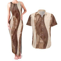 Polynesian Tribal Pattern Patchwork Picturesque Couples Matching Tank Maxi Dress and Hawaiian Shirt Mocha
