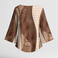 Polynesian Tribal Pattern Patchwork Picturesque Kimono Sleeve Blouse Mocha LT7 - Polynesian Pride